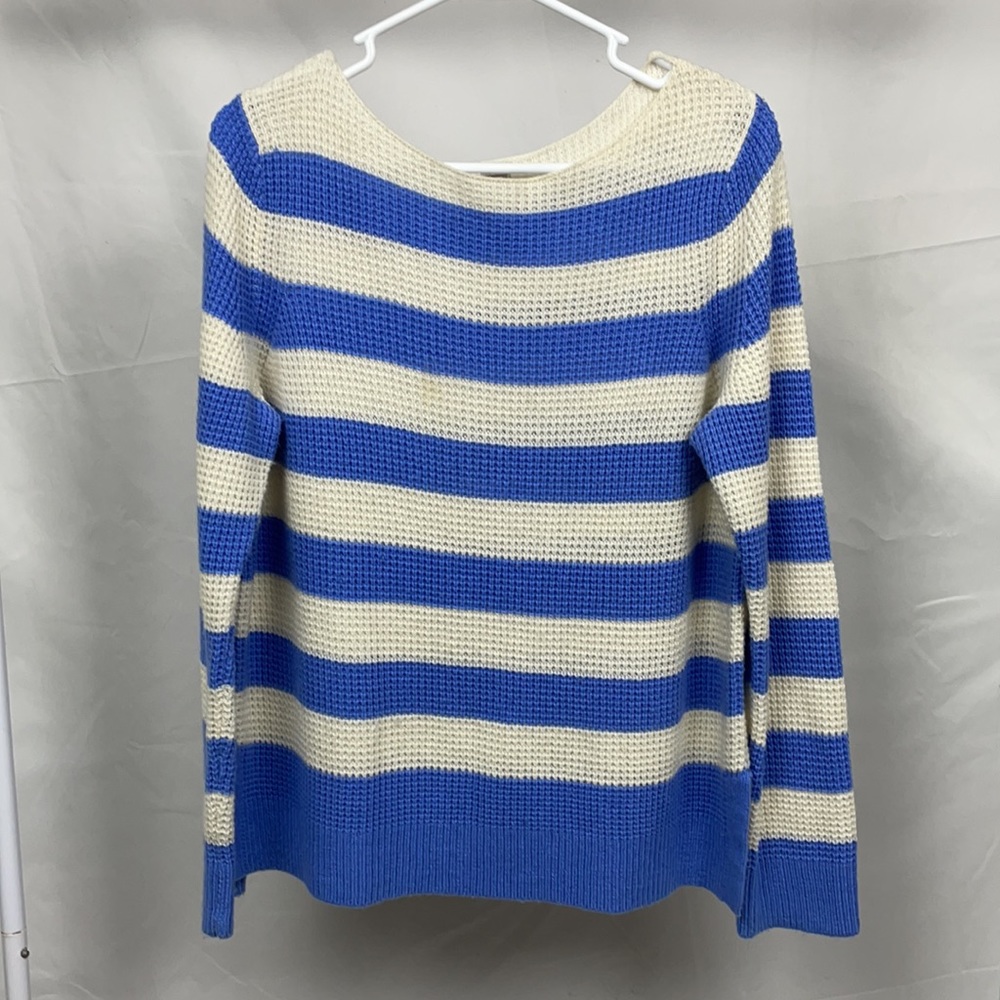 Blue and white striped boat neck sweater